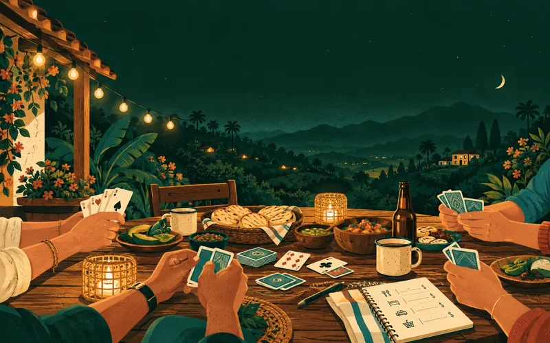 Amigos jugando cartas y compartiendo comida en una finca de noche